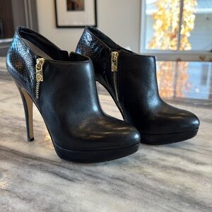 Michael Kors York bootie ankle stiletto black almond toe gold hardware